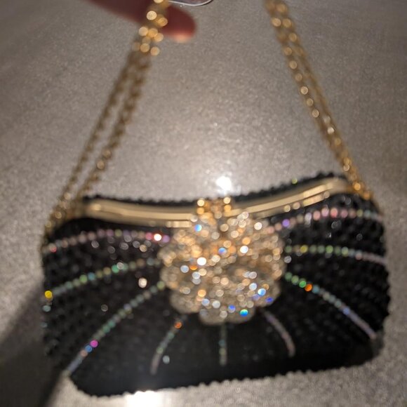 Neiman Marcus Rhinestone Black Floral Evening Clutch Handbag